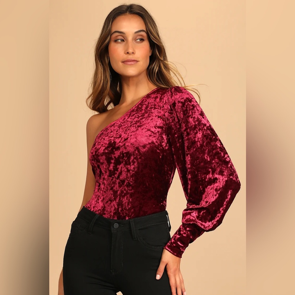 XS LULUS Cheer and Delight Burgundy Crushed Velvet One-Shoulder Bodysuit